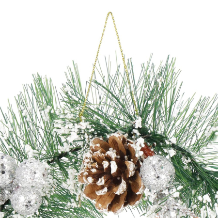 Coronita pentru Craciun, 24 cm, din brad artificial, cu conuri si zapada, verde [6]