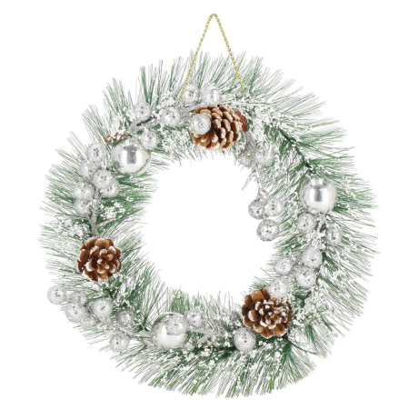 Coronita pentru Craciun, 24 cm, din brad artificial, cu conuri si zapada, verde [1]
