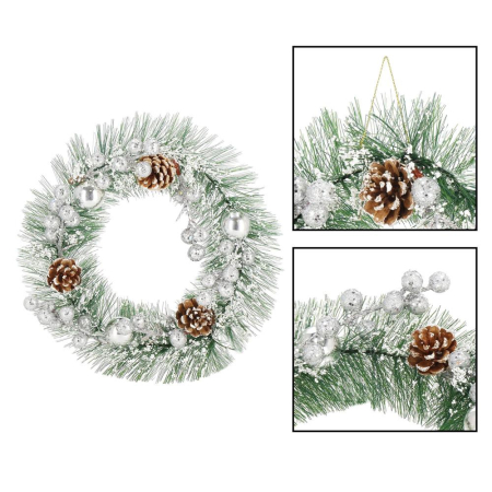 Coronita pentru Craciun, 24 cm, din brad artificial, cu conuri si zapada, verde [8]