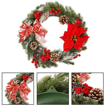 Coronita pentru Craciun, 40 cm, din brad artificial 3D, cu conuri si zapada, verde [9]