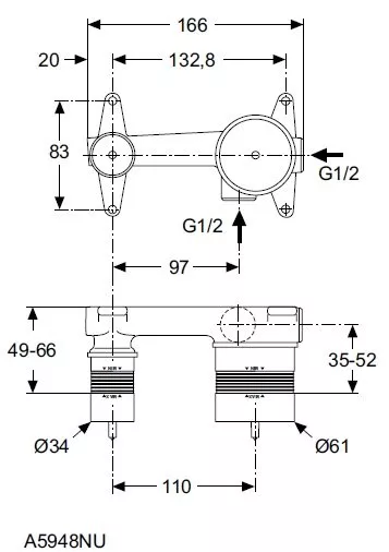 Corp incastrat baterie lavoar Ideal Standard A5948NU, 1/2'', pentru baterii de lavoar, montaj pe perete, incastrat, monocomanda, alama [1]