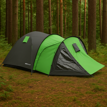 Cort camping 4 persoane cu antreu, impermeabil 3000 mm, 450x210x150 cm, negru si verde [9]