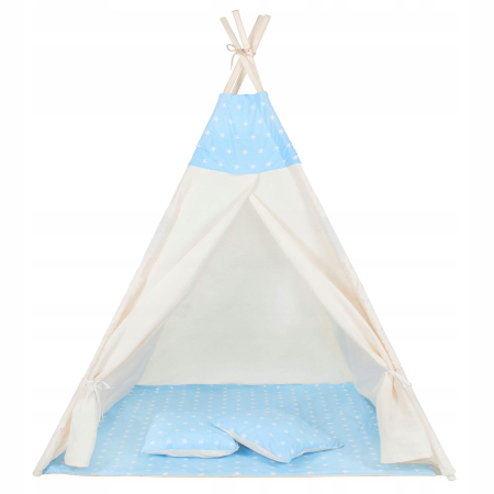 Cort copii Sersimo stil indian Teepee Tent cu fereastra, covoras gros si 2 perne, alb albastru [9]
