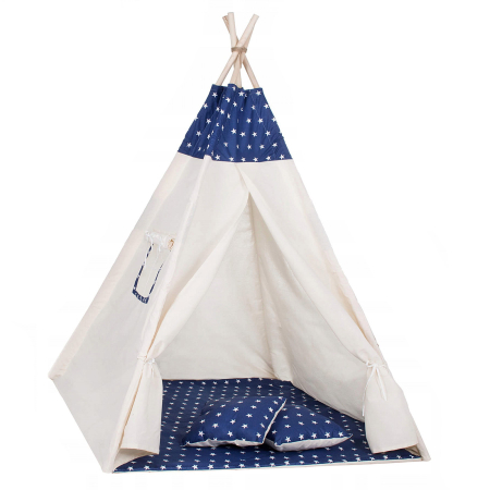 Mobila - Cort copii Sersimo stil indian Teepee Tent cu fereastra, covoras gros si 2 perne, alb albastru inchis cu stelute