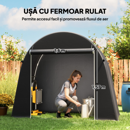  Cort de gradina 2,45 x 1,2 m, Impermeabil, cu Usa Rulabila si Cadru din Otel Zincat, Gri inchis [5]