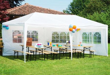 Cort de gradina 300x600 cm, 6 pereti detasabili cu ferestre si usa, structura metalica, PE impermeabil, alb [2]