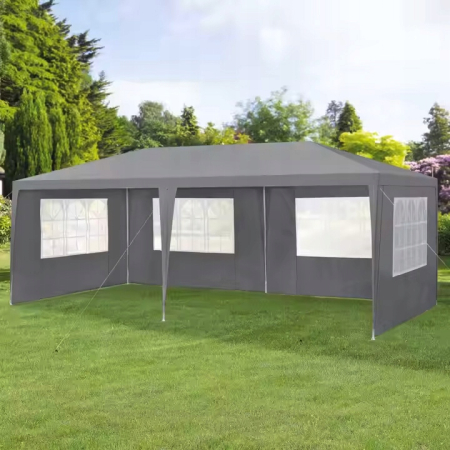 Cort de gradina 300x600 cm, 6 pereti detasabili cu ferestre si usa, structura metalica, PE impermeabil, gri [4]