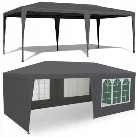 Cort de gradina 300x600 cm, 6 pereti detasabili cu ferestre si usa, structura metalica, PE impermeabil, gri [1]