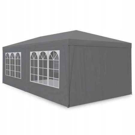 Cort de gradina 300x600 cm, 6 pereti detasabili cu ferestre si usa, structura metalica, PE impermeabil, gri [2]