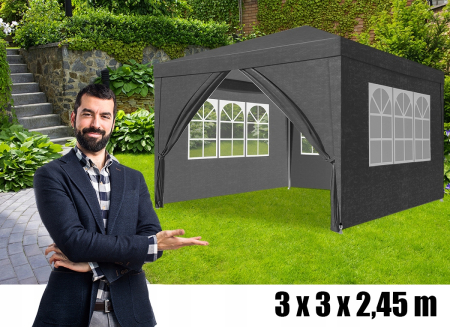 Pavilion gradina 300x300 cm cu 4 pereti laterali cu ferestre, PE 110g/m2 impermeabil, cadru otel, gri [8]