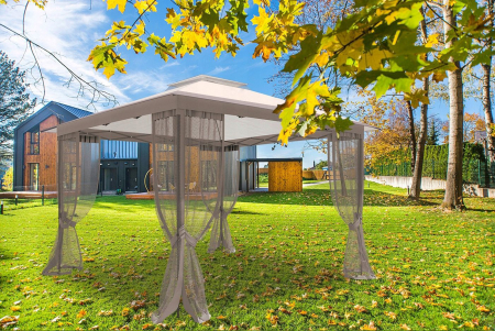 Pavilion gradina pop-up 300x300 cm cu 4 pereti plasa tantari, PE 110g/m2 impermeabil, copertina suplimentara, inaltime 2.6 m, bej [2]