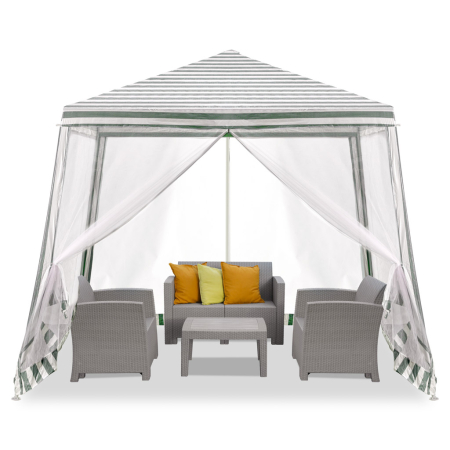 Cort pavilion gradina, pereti cu plasa anti insecte si structura metalica, 3x3 m, alb si verde [5]