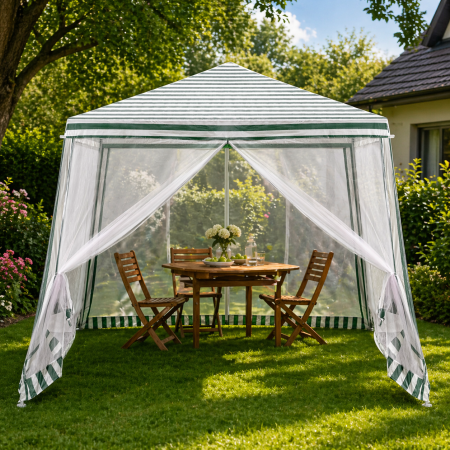 Cort pavilion gradina, pereti cu plasa anti insecte si structura metalica, 3x3 m, alb si verde [2]