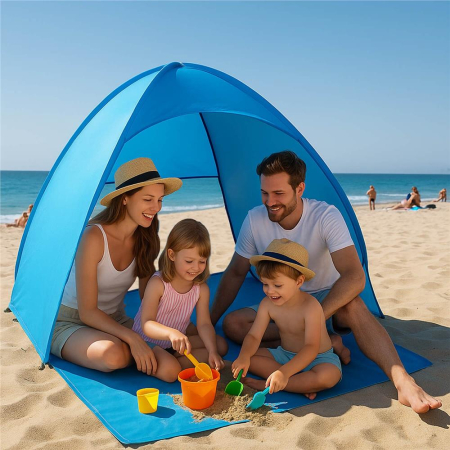 Cort plaja autoexpansibil pop-up plasa ventilatie protectie uv, 160x140x115 cm, compact, albastru [1]