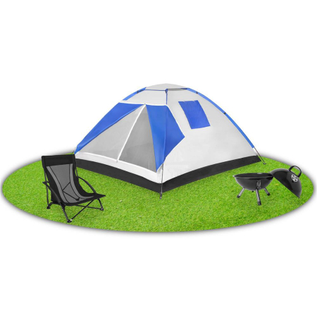Cort camping 4 persoane impermeabil terasa protectie uv, 210x240x130 cm, ventilatie, gri albastru [23]