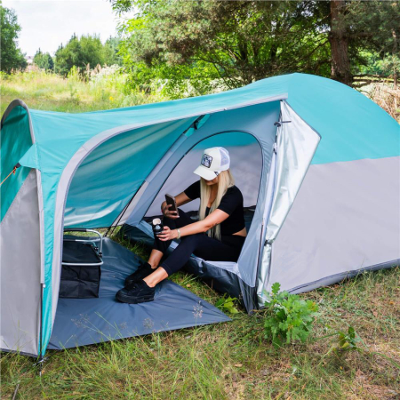 Cort camping 4 persoane impermeabil terasa protectie uv, 175x310x130 cm, ventilatie, gri albastru [5]