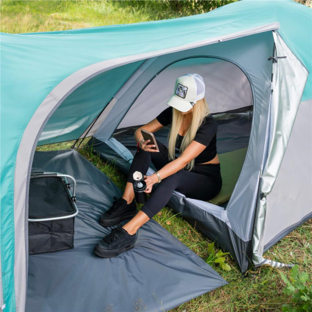 Cort camping 4 persoane impermeabil terasa protectie uv, 175x310x130 cm, ventilatie, gri albastru [6]