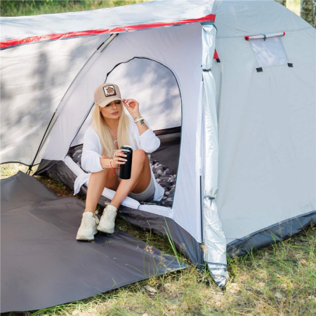 Cort camping 4 persoane impermeabil terasa protectie uv, 200x350x135 cm, ventilatie, gri [26]