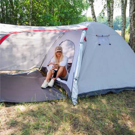 Cort camping 4 persoane impermeabil terasa protectie uv, 200x350x135 cm, ventilatie, gri [27]