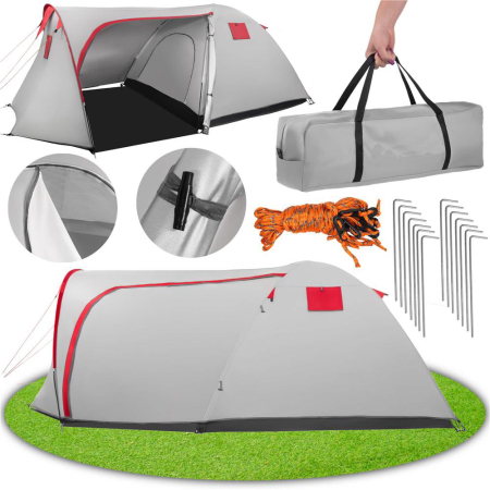 Cort camping 4 persoane impermeabil terasa protectie uv, 200x350x135 cm, ventilatie, gri [2]