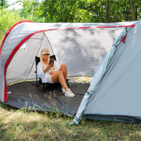 Cort camping 4 persoane impermeabil terasa protectie uv, 200x350x135 cm, ventilatie, gri [23]
