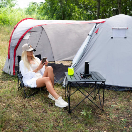 Cort camping 4 persoane impermeabil terasa protectie uv, 200x350x135 cm, ventilatie, gri [20]