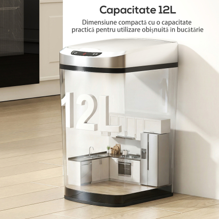  Cos de Gunoi 12L cu Senzor Infrarosu si Recipient Detasabil, din Otel Inoxidabil, ABS si PP, 28x22x41 cm, Argintiu [4]