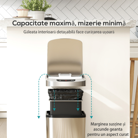  Cos de Gunoi 12L cu Senzor Infrarosu si Recipient Detasabil, din Otel Inoxidabil, ABS si PP, 28x22x41 cm, Argintiu [5]