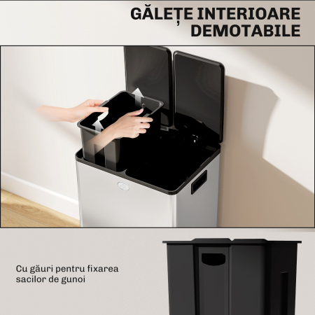  Cos de Gunoi 2 x 20L cu Pedala, din Otel, pentru Bucatarie, cu Capac cu inchidere Usoara, Recipiente Interioare Detasabile, Rezistent la Urmele de Degete, Argintiu [6]