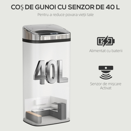  Cos de Gunoi Automat de 40L cu Senzor, Structura din Otel, 33x25x70 cm, Argintiu [3]