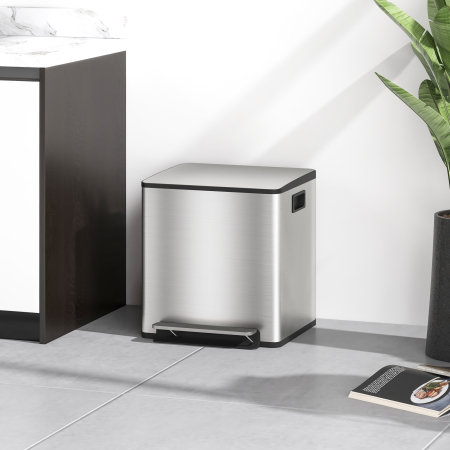  Cos de Gunoi cu 2 Compartimente de 15L cu Pedala, si Capac Silentios din Otel, 41,8x36,7x44 cm, Argintiu [1]