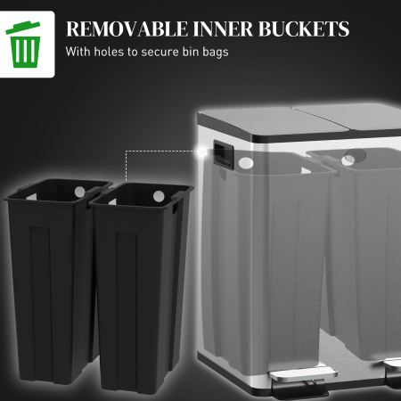  Cos de Gunoi cu 2 Compartimente de 20L cu Pedala, Cos de Gunoi cu 2 Capace Silentioase, 45,8x36x51,6 cm, Argintiu [6]