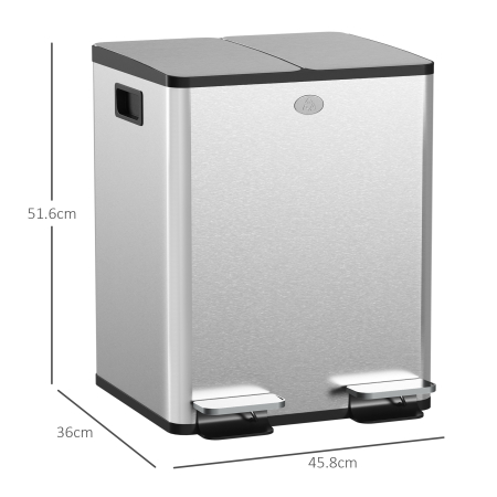  Cos de Gunoi cu 2 Compartimente de 20L cu Pedala, Cos de Gunoi cu 2 Capace Silentioase, 45,8x36x51,6 cm, Argintiu [2]