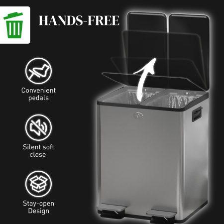  Cos de Gunoi cu 2 Compartimente de 20L cu Pedala, Cos de Gunoi cu 2 Capace Silentioase, 45,8x36x51,6 cm, Argintiu [5]