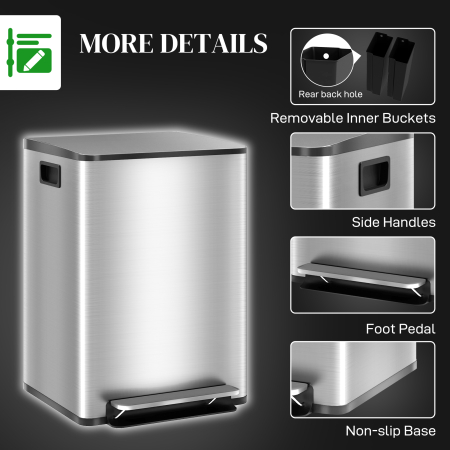  Cos de gunoi cu 2 compartimente de 20L cu pedala si capac silentios, din otel inoxidabil si PP, 41,8x36,7x58 cm [6]