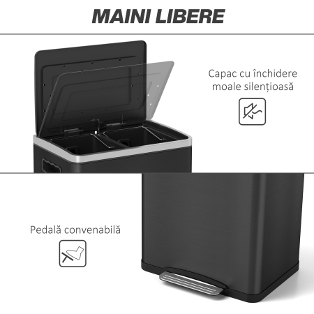  Cos de Gunoi cu 2 Sectiuni cu Pedala de 20L din Otel si PP Negru [4]