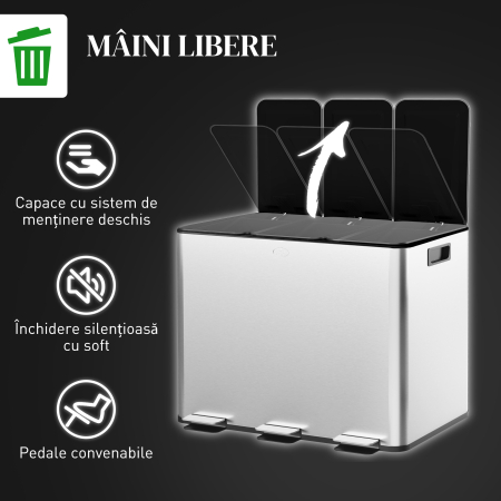  Cos de Gunoi cu 3 Compartimente 10L pentru Bucatarie, Cu Pedale si Capace cu inchidere Silentioasa, Otel Inoxidabil si PP, 49.6x34.5x38.6 cm, Argintiu [5]