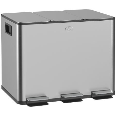 Bucatarie -  Cos de Gunoi cu 3 Compartimente de 20L cu Pedala si Capace Silentioase, 61,9x36,6x56,7 cm, Argintiu
