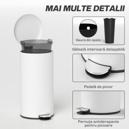  Cos de Gunoi cu Pedala 30L, cu Capac cu inchidere Lenta, din Metal si PP, 36x30x63.5 cm, Alb Crem [6]