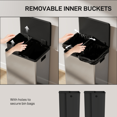  Cos de Gunoi cu Pedala cu 2 Compartimente de 30L, Capac Amortizat si Galeti Detasabili, Otel Inoxidabil, Argintiu [6]