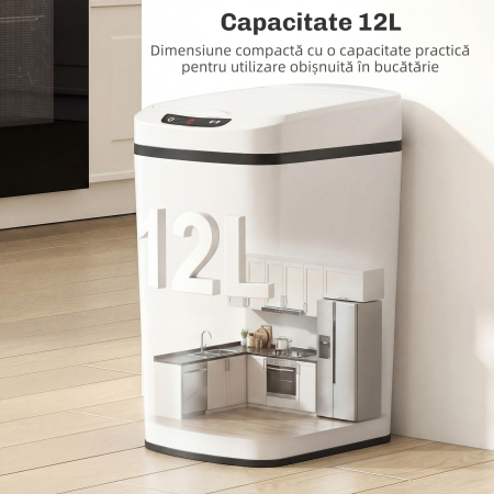  Cos de Gunoi cu Senzor, 12L, Buton Touch si Galeata Detasabila, Otel Inoxidabil, ABS si PP, 28x22x41 cm, Alb [4]