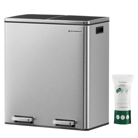 Accesorii pentru bucatarie - Cos de gunoi din inox cu 2 compartimente colectare selectiva, cu galeti interioare, 2x30litri, argintiu