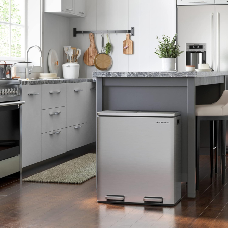 Cos de gunoi din inox cu 2 compartimente colectare selectiva, cu galeti interioare, 2x30litri, argintiu [1]