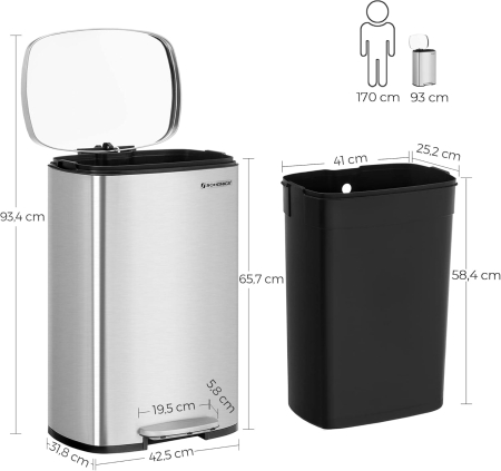 Cos de gunoi din otel, cu pedala si soft-close, galeata interioara, 50 litri, argintiu [6]