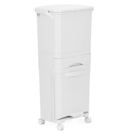 Accesorii pentru bucatarie - Cos de gunoi pentru colectare selectiva cu 3 compartimente, pe roti, 42 L, alb