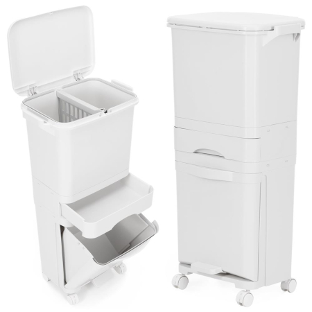 Cos de gunoi pentru colectare selectiva cu 3 compartimente, pe roti, 42 L, alb [2]
