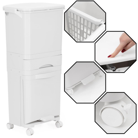 Cos de gunoi pentru colectare selectiva cu 3 compartimente, pe roti, 42 L, alb [33]