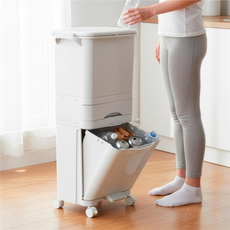 Cos de gunoi pentru colectare selectiva cu 3 compartimente, pe roti, 42 L, alb [20]