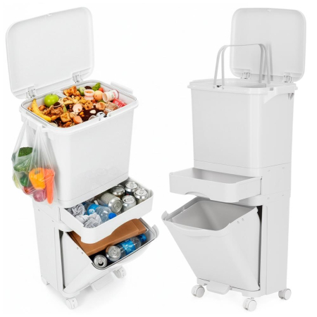 Cos de gunoi pentru colectare selectiva cu 3 compartimente, pe roti, 42 L, alb [3]