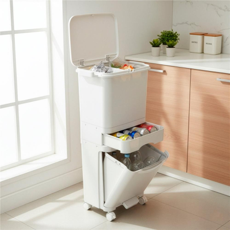 Cos de gunoi pentru colectare selectiva cu 3 compartimente, pe roti, 42 L, alb [34]